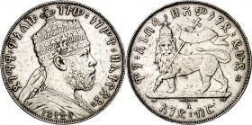 Etiopía. EE 1889 (1896-97). Menelik II. A (París). 1 birr. (Kr. 19). Golpecitos. AG. 27,97 g. MBC.