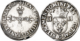 Francia. 1587. Enrique III. C (Saint-Lô). 1/4 de écu. (D. 1230). Golpecitos. AG. 9,47 g. MBC.