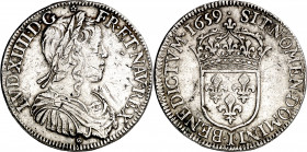 Francia. 1659. Luis XIV. I (Limoges). 1/2 ecu. (Kr. 164.10). Rayitas. Golpecitos. Escasa. AG. 13,38 g. MBC-.