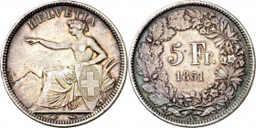 Suiza. 1851. A (París). 5 francos. (Kr. 11). AG. 24,87 g. MBC.