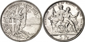 Suiza. 1883. 5 francos. (Kr. S16). Festival de tiro: Lugano. Leves marquitas. Limpiada. Escasa. AG. 24,99 g. MBC+.