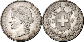 Suiza. 1890. B (Berna). 5 francos. (Kr. 34). Rayitas y golpecitos. Escasa. AG. 24,94 g. MBC-/MBC.