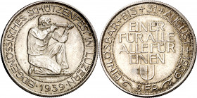 Suiza. 1939. B (Berna). 5 francos. (Kr. S20). Festival de Tiro: Lucerna. AG. 19,41 g. EBC+.