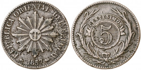 Uruguay. 1857. D (Lyon). 5 céntimos. (Kr. 8). Oxidaciones limpiadas. CU. 4,15 g. (MBC-).