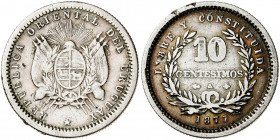 Uruguay. 1877. A (París). 10 céntimos. (Kr. 14). Pequeñas incisiones en anverso. Golpecitos. Bonito color. AG. 2,42 g. MBC-.