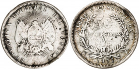 Uruguay. 1877. A (París). 50 céntimos. (Kr. 16). Oxidaciones limpiadas. Golpecitos. AG. 11,94 g. (BC).