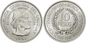 Uruguay. 1961. 10 pesos. (Kr. 43). 150º Aniversario de la Revolución contra España. AG. 12,52 g. S/C.
