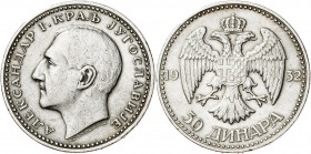 Yugoslavia. 1932. Alejandro I. 50 dinara. (Kr. 16). Rayitas. Golpe en canto. AG. 22,85 g. MBC/MBC+.
