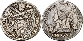 Vaticano. s/d. Gregorio XIII (1572-1585). Ancona. Testone. (Muntoni 237). AG. 9,23 g. MBC-.