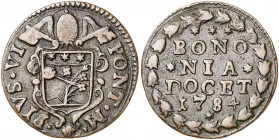Vaticano. 1784. Pío VI (1775-1799). Bolonia. Quattrino. (Muntoni 299 var. VII). CU. 2,71 g. MBC+.