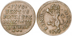 Vaticano. 1795. Pío VI (1775-1799). Bolonia. Quattrino. (Muntoni 300a var. I). CU. 2,33 g. MBC+.