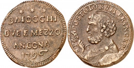 Vaticano. 1796. Pío VI (1775-1799). Ancona. 2 1/2 baiocchi. (Muntoni 144-145). CU. 18,29 g. MBC+.