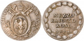 Vaticano. 1824. León XII (1823-1829). Bolonia. 1/2 baiocco. (Muntoni 15). CU. 5,44 g. EBC-/MBC+.