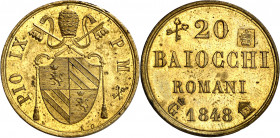 Vaticano. 1848. Pío IX (1846-1878). Ponderal de 20 baiocchi. Latón. 3,52 g. EBC+.