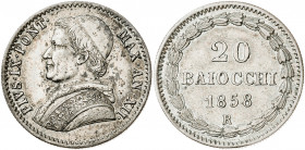 Vaticano. 1858. Pío IX (1846-1878). Roma. 20 baiocchi. (Muntoni 16). AG. 5,70 g. EBC-.