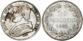 Vaticano. 1862. Pío IX (1846-1878). Roma. 20 baiocchi. (Muntoni 17g). AG. 5,70 g. EBC/EBC+.