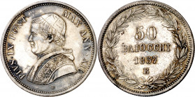 Vaticano. 1857. Pío IX (1846-1878). Bolonia. 50 baiocchi. (Muntoni 69b). AG. 13,39 g. EBC-/EBC.