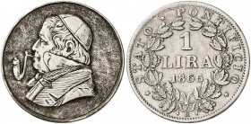 Vaticano. 1866. Pío IX (1846-1878). Roma. 1 lira. Anverso manipulado. AG. 4,73 g. MBC.