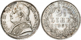Vaticano. 1867. Pío IX (1846-1878). Roma. 2 1/2 liras. (Muntoni 46). AG. 12,53 g. EBC-/EBC.