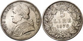 Vaticano. 1870. Pío IX (1846-1878). R (Roma). 5 liras. (Kr. 1385). AG. 24,92 g. MBC+.
