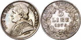 Vaticano. 1870. Pío IX (1846-1878). Roma. 5 liras. (Muntoni 45a). AG. 24,95 g. EBC-/EBC.