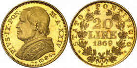Vaticano. 1869. Pío IX (1846-1878). Roma. 20 liras. (Muntoni 42b). Bella. AU. 6,45 g. S/C-.