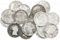 1848 a 1868. Isabel II. 4 reales (diez), 40 céntimos de escudo (cinco) y 20 centavos. Lote de 16 monedas. A examinar. BC-/MBC.