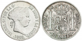 1866 y 1868. Isabel II. 1 escudo y 50 centavos. Lote de 2 monedas, una con restos de soldadura. A examinar. BC-/BC.