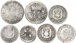 Felipe V y Fernando VI. Madrid, México, Segovia y Sevilla. 1/2 (cinco) y 1 real (dos). Lote de 7 monedas distintas. Imprencindible examinar. MC/BC.