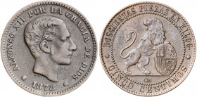1870 y 1878. Barcelona. OM. 5 céntimos. Lote de 2 monedas. MBC-.