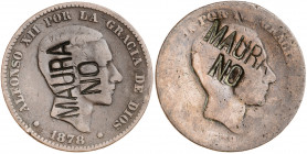1878*1879. Alfonso XII. Barcelona. OM. 10 céntimos. 2 monedas con contramarcas política: MAURA NO. BC-/BC+.