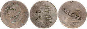 Gobierno Provisional y Alfonso XII. (Barcelona). (OM). 10 céntimos. Lote de 3 monedas: contramarca política NO VOTAR y 2 privadas: N. A. y ALLOZA. MC....