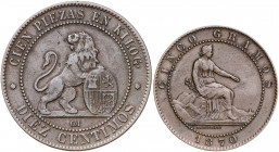1870. Gobierno Provisional. Barcelona. OM. 5 y 10 céntimos. Lote de 2 monedas. MBC-/MBC.