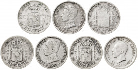 1880 a 1926. 50 céntimos. Lote de 7 monedas distintas. A examinar. BC/MBC-.