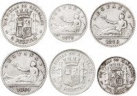 1869 y 1870. 1 (dos) y 2 pesetas (cuatro). Lote de 6 monedas, todas distintas. BC/MBC-.