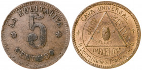 Lote de 2 chapas con valor 5 céntimos: Cooperativa la Equitativa y Cava Universal. MBC-/EBC.