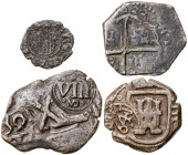 Lote de 2 reales de Felipe IV, dos cobres resellados y un diner de Sicilia. Total 4 monedas. A examinar. BC/BC+.