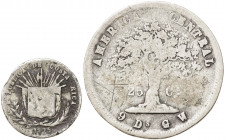 Costa Rica. 1864 y 1875. 5 y 25 centavos. Lote de 2 monedas. AG. BC-/BC.