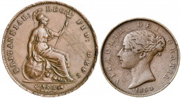 Gran Bretaña. 1851 y 1853. Victoria. 1/2 y 1 penique. Lote de 2 monedas. Golpecitos. CU. BC+/MBC-.
