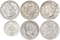 Lote de 6 monedas en plata de diversos países, cinco tamaño duro. A examinar. MBC-/EBC.