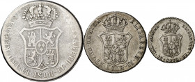 1833. Isabel II. Madrid. Proclamación. 3 medallas: módulo 1/2, 1 y 2 reales. BC/MBC+.