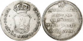 1834. Isabel II. Matanzas. Proclamación. (Ha. 48) (V. 768) (V.Q. 13396). Perforación reparada. Plata. 7,59 g. Ø28 mm. (BC+).