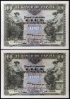 1906. 100 pesetas. (Ed. B97a) (Ed. 313a). 30 de junio. Pareja correlativa, serie A. Doblez central. MBC+/EBC-.