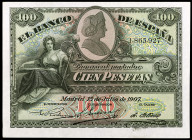 1907. 100 pesetas. (Ed. B104) (Ed. 320). 15 de julio. Una esquina rozada, pero extraordinario ejemplar. S/C-.