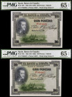 1925. 100 pesetas. (Ed. C1) (Ed. 350). 1 de julio, Felipe II. Pareja correlativa, serie F. Certificados por la PMG como 65 EPQ Gem Uncirculated. S/C.