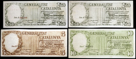 1936. Generalitat de Catalunya. 2,50 (negro y rojo), 5 y 10 pesetas. (Ed. C23, C23a, C24 y C25) (Ed. 372, 372a, 373 y 374). 25 de septiembre. 4 billet...