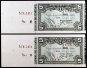 1937. Bilbao. 5 pesetas. (Ed. C37d) (Ed. 387f). 1 de enero. Pareja correlativa, serie A. Antefirma Banco Urquijo Vascongado. Ambos con matriz lateral ...