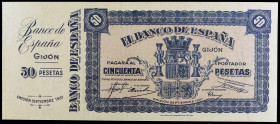 1937. Gijón. 50 pesetas. (Ed. NE33). No circulado, sin numeración y con matriz. Muy raro. S/C-.
