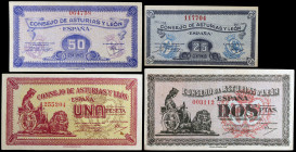 1937. Asturias y León. 25, 50 céntimos, 1 y 2 pesetas. (Ed. C45 y C46 a C49) (Ed. 394 y 396 a 398). 4 billetes, el de 2 pesetas nº 003112. MBC+/S/C....