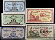 1937. Asturias y León. 25, 40, 50 céntimos, 1 y 2 pesetas. (Ed. C45 a C49) (Ed. 394 a 398). 5 billetes, serie completa. EBC/S/C.